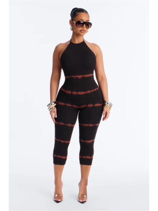 Fashion Nova Pants - Kasey Tie Dye Halter Capri Leg Jumpsuit -  Black/Rust